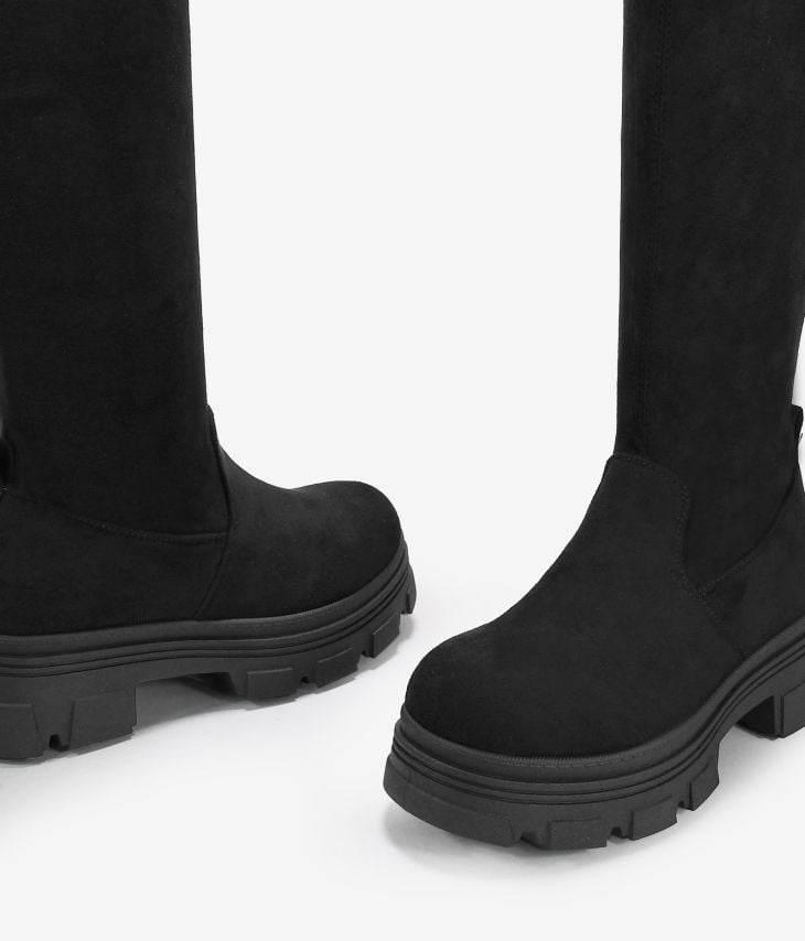 High black suede boots with track sole