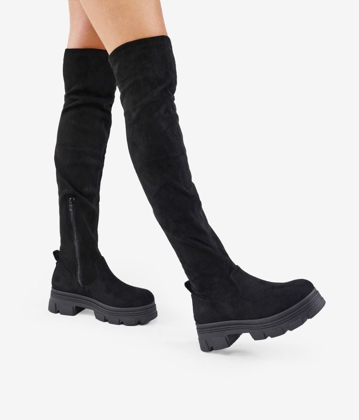 High black suede boots with track sole