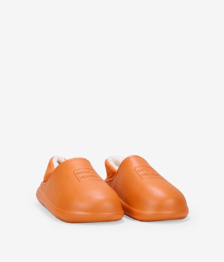 Zapatillas de estar por casa naranja de goma con forro de pelo
