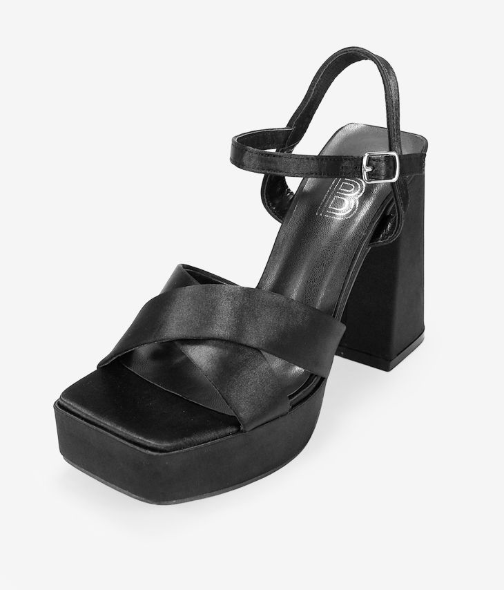 Black satin heeled sandals