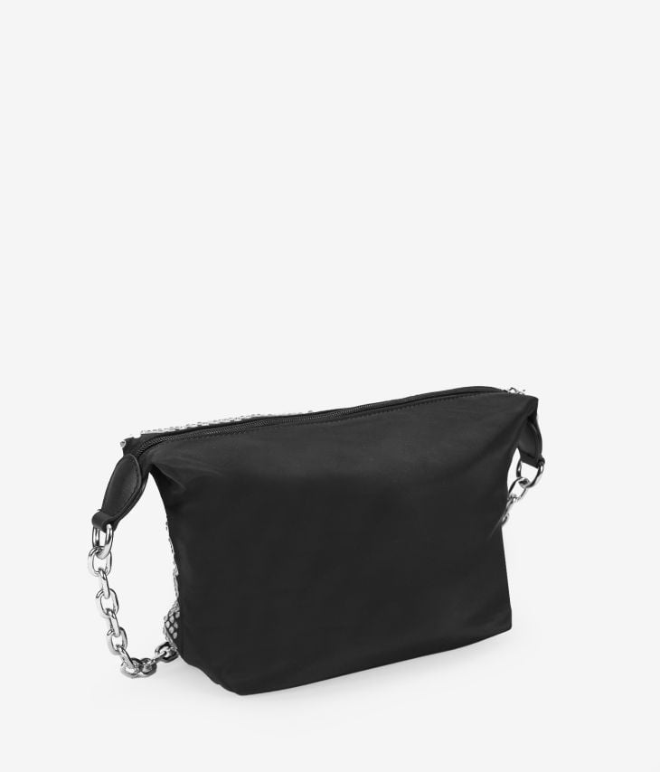 Black nylon shoulder bag with chain