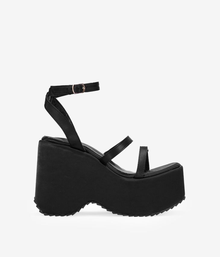 Black satin wedge sandals