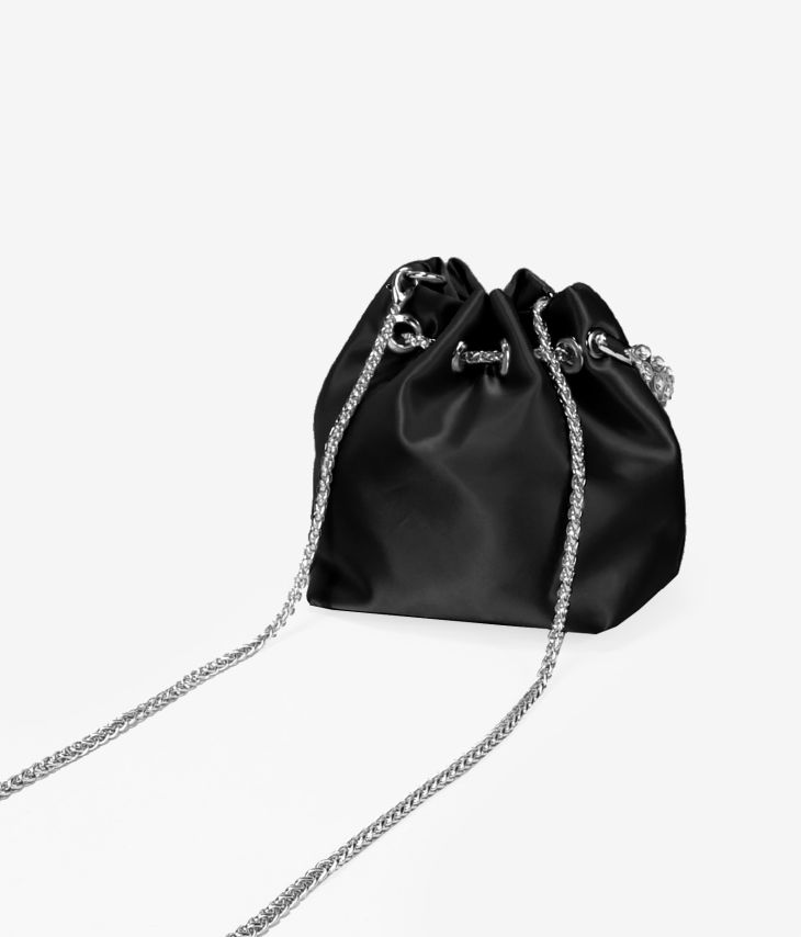 Black satin party bag with metal handle