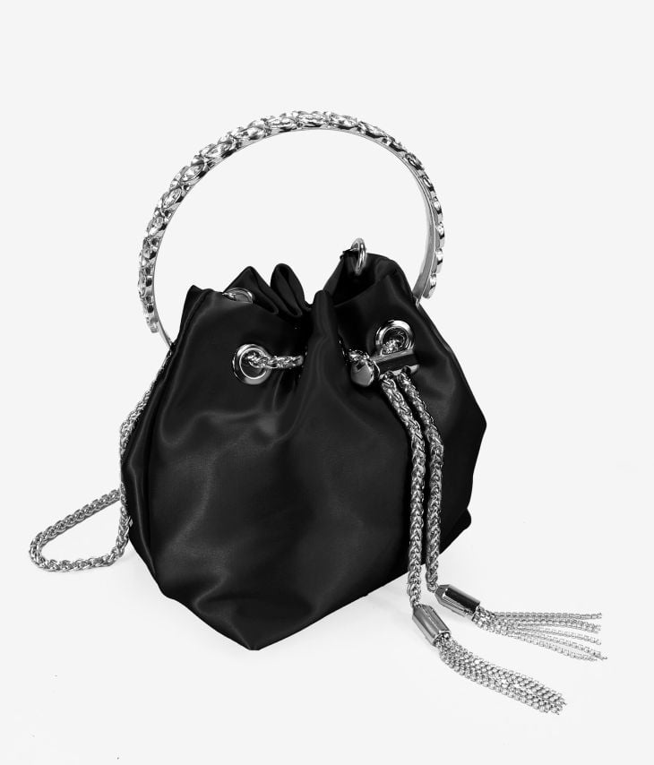 Black satin party bag with metal handle