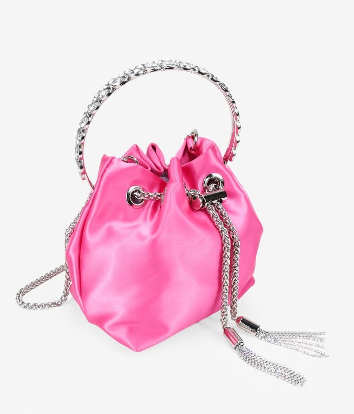 Bolsa de festa em cetim rosa com alça metálica