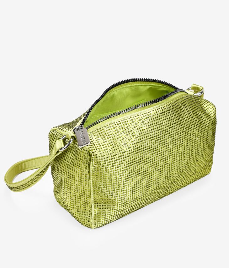 Lime satin shoulder bag with rhinestones