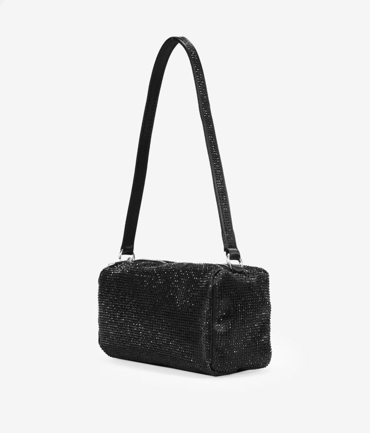 Black satin shoulder bag with rhinestones