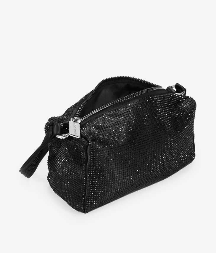 Black satin shoulder bag with rhinestones