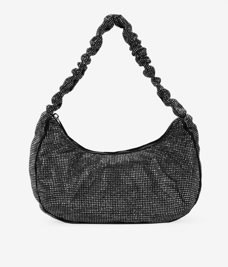 Black shoulder bag with rhinestones and folded handle