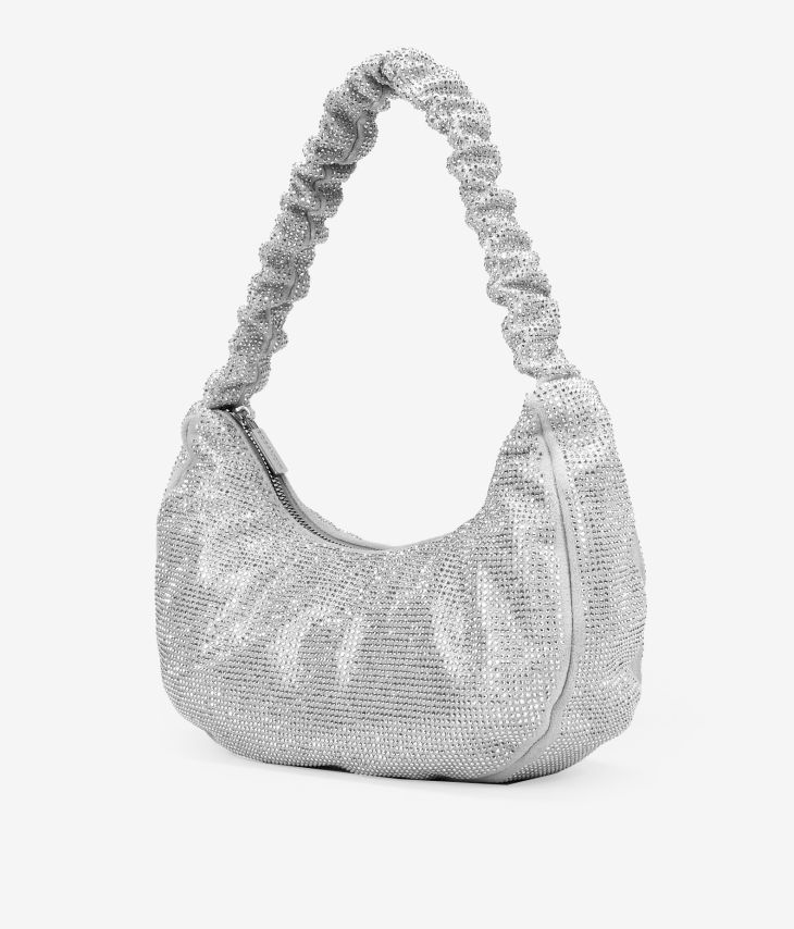 Silver shoulder bag with rhinestones and folded handle