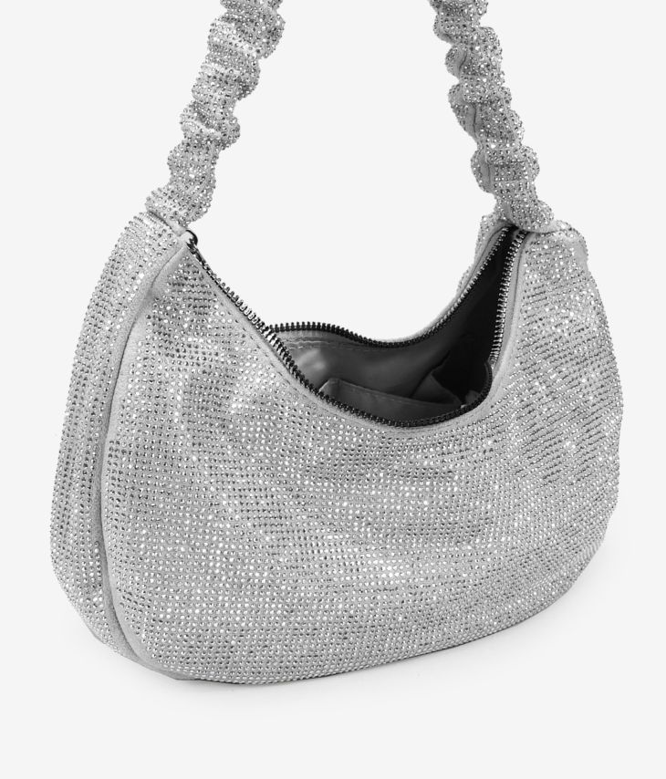 Silver shoulder bag with rhinestones and folded handle