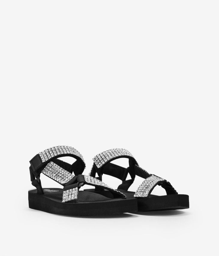 Flat black sports sandals with rhinestones