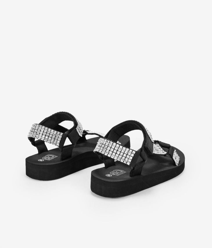 Flat black sports sandals with rhinestones