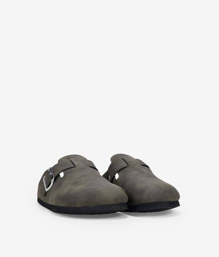 Gray flat clogs with buckle