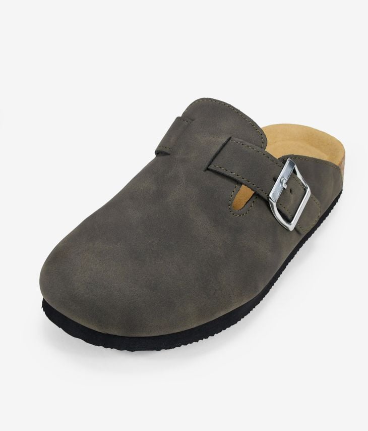 Gray flat clogs with buckle