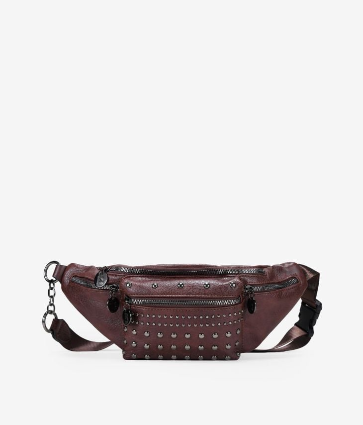 Brown fanny pack with studs and zippers