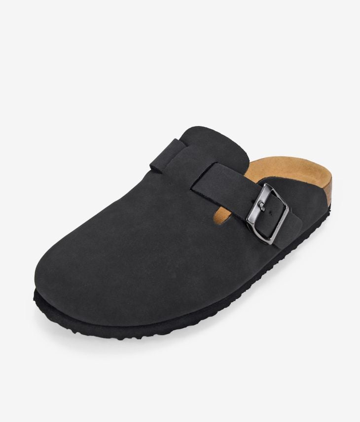 Flat black clogs with buckle