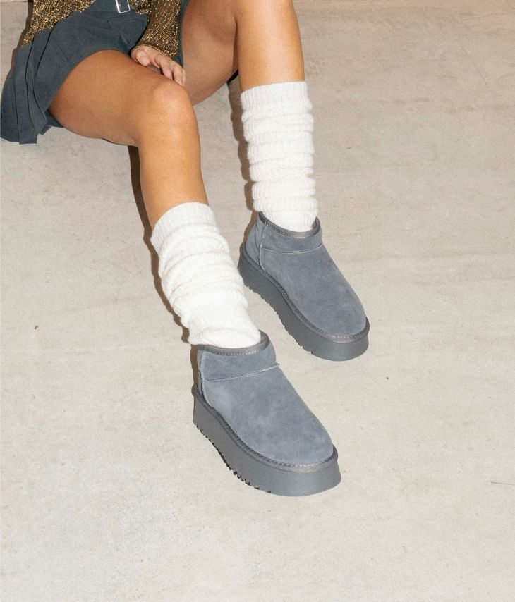 Gray leather snow boots