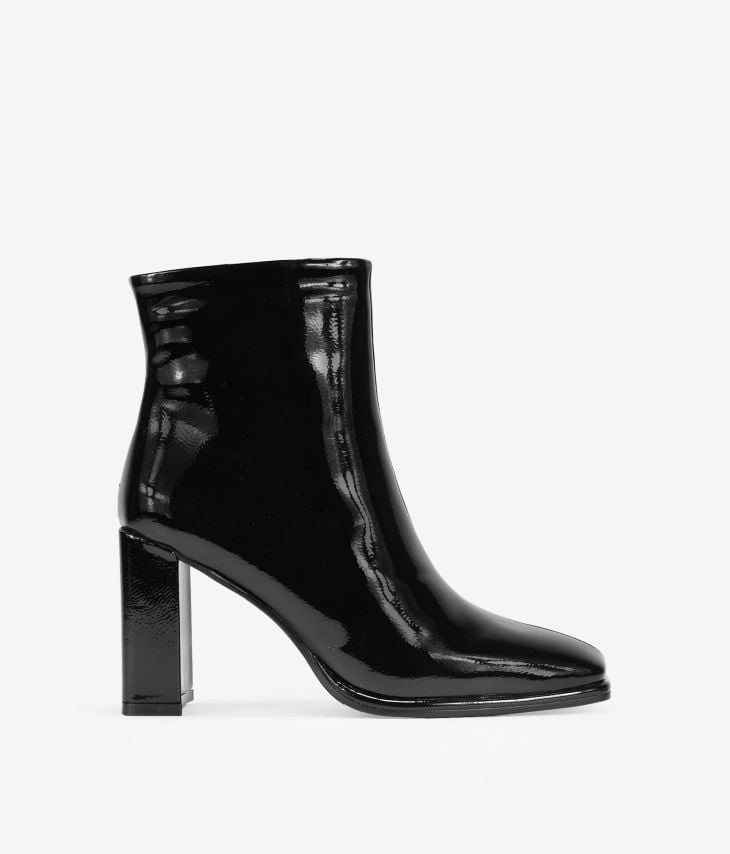 Black patent leather ankle boots with heel