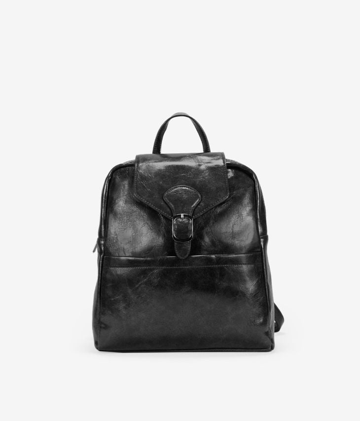 Black backpack with flap and zipper