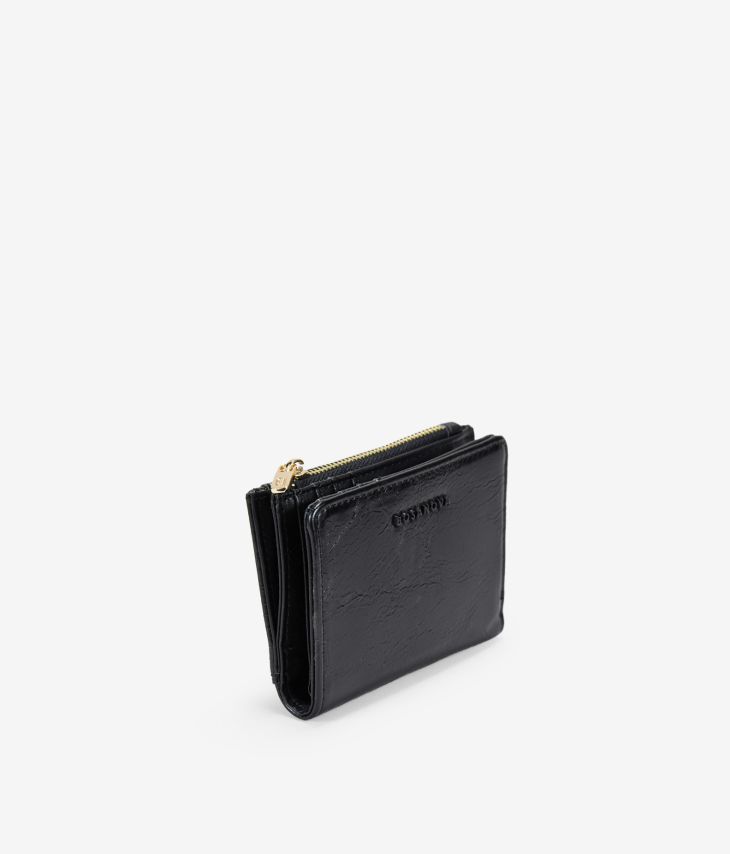 Small black wallet with zipper and button