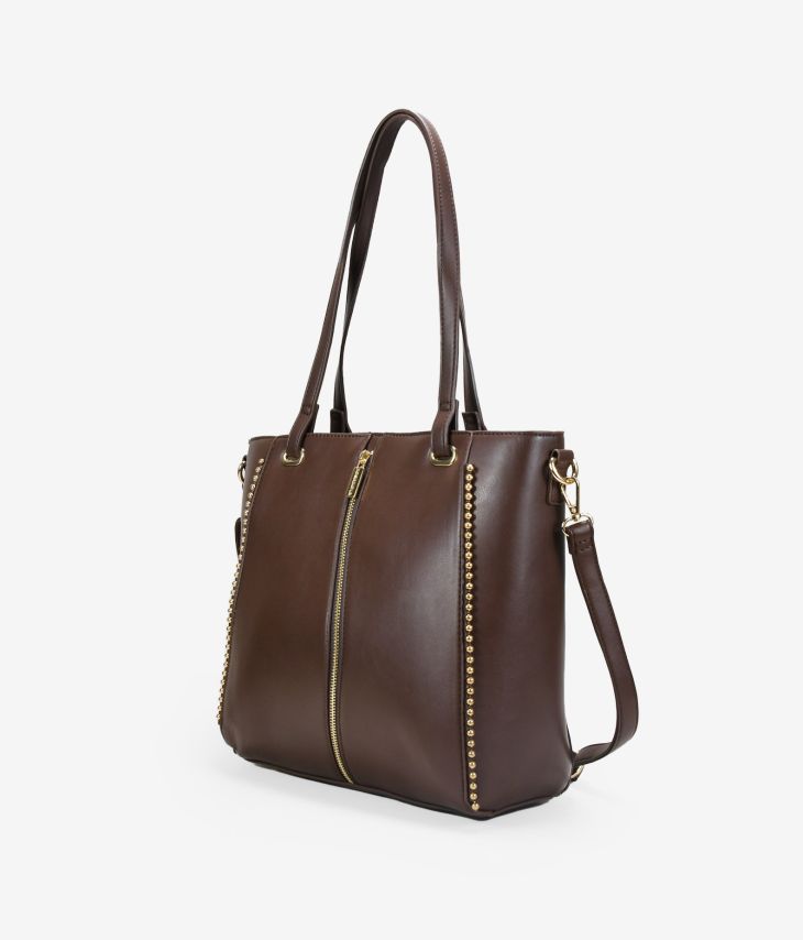 Brown laptop shopper bag with studs
