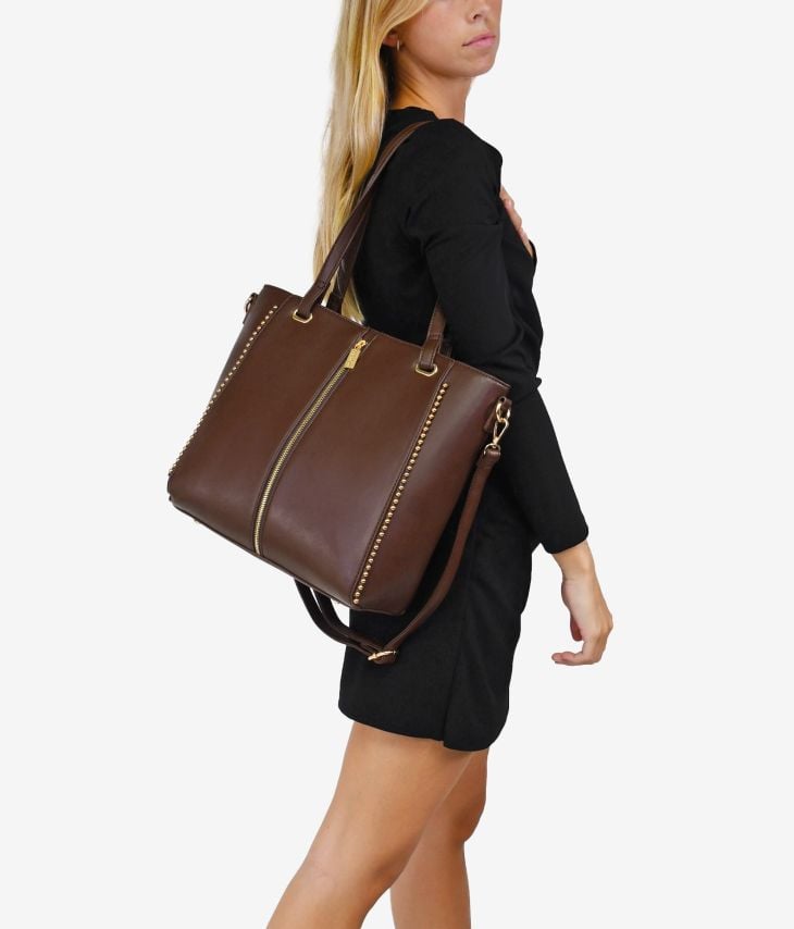 Borsa shopper porta computer marrone con borchie