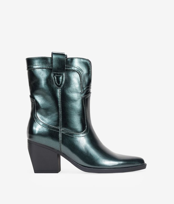 Metallic green cowboy ankle boots with heel