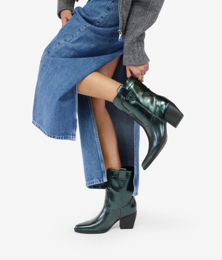 Metallic green cowboy ankle boots with heel