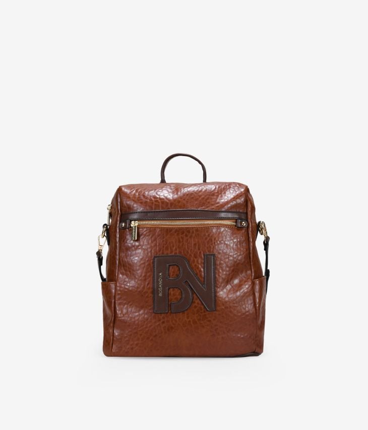 Brown backpack with zipper and logo