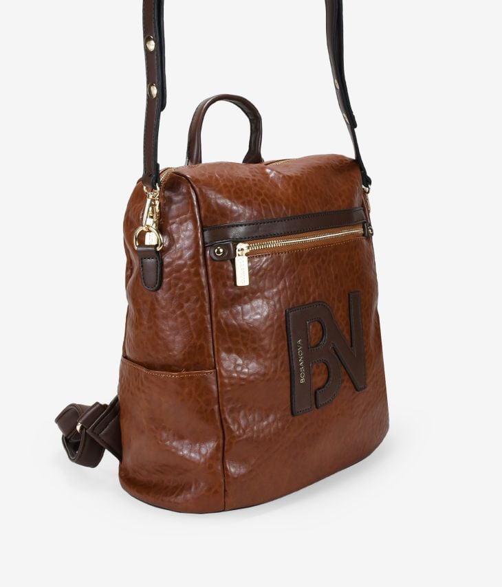 Brown backpack with zipper and logo