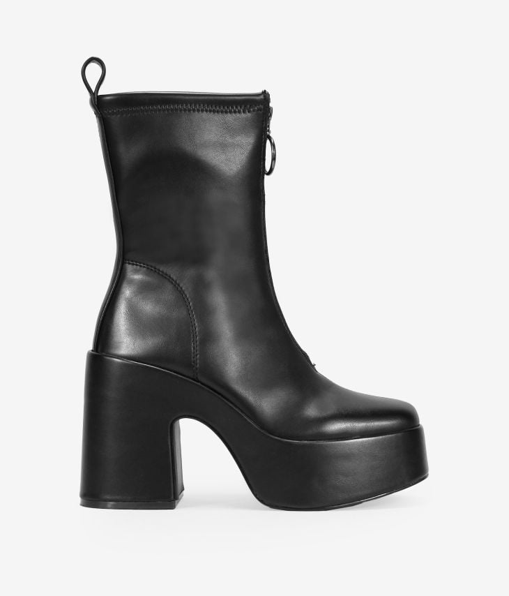 Black ankle boots with front zip and heel