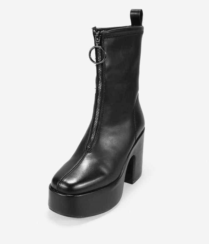 Black ankle boots with front zip and heel