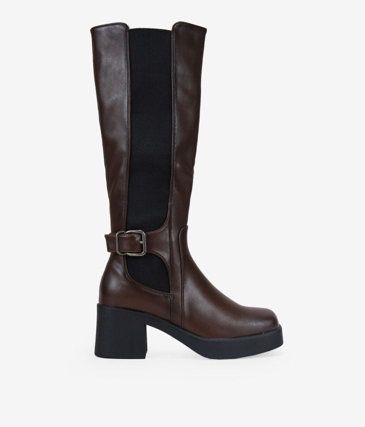 High brown boots with elastic and buckle