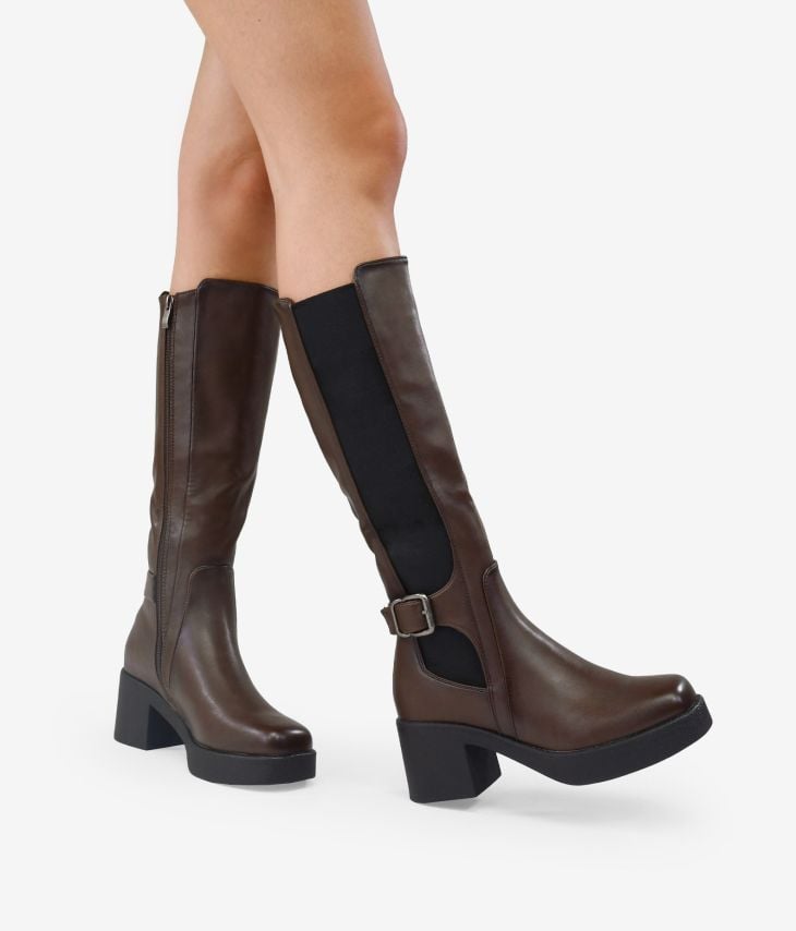 High brown boots with elastic and buckle