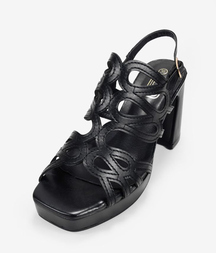 Black heeled sandals with buckle closure