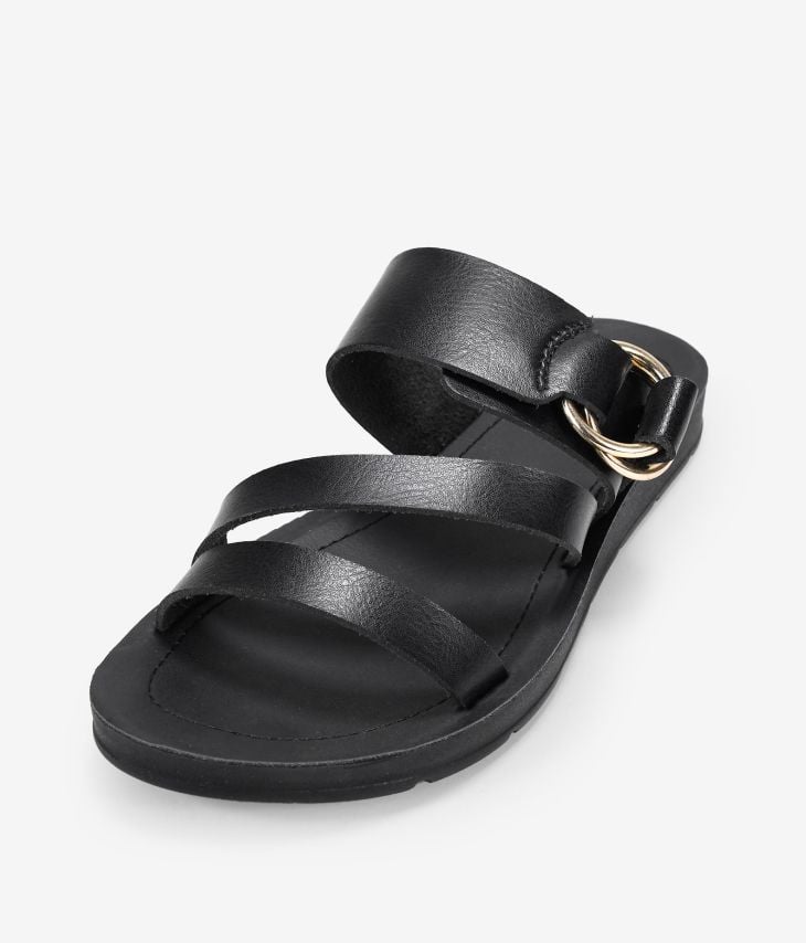 Black flat sandals with metal rings