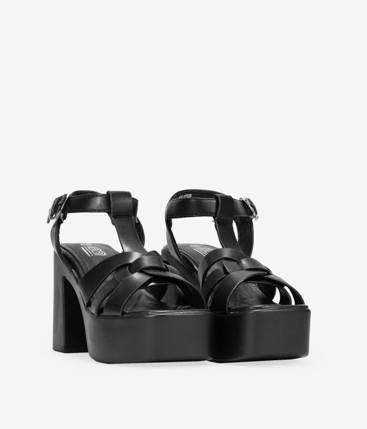 Black platform sandals with wide heels