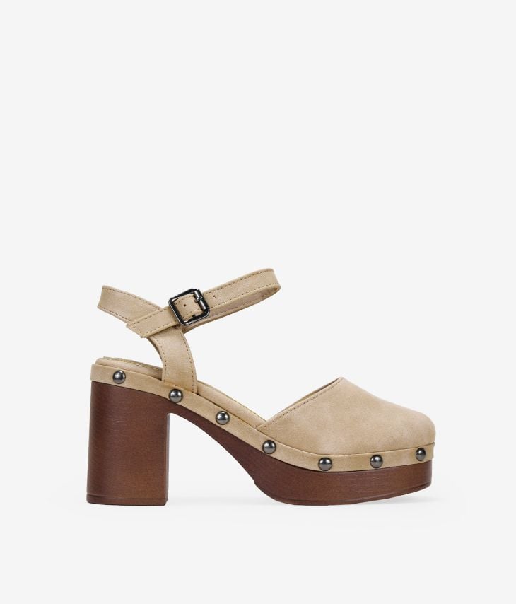 Beige clogs with wooden heels