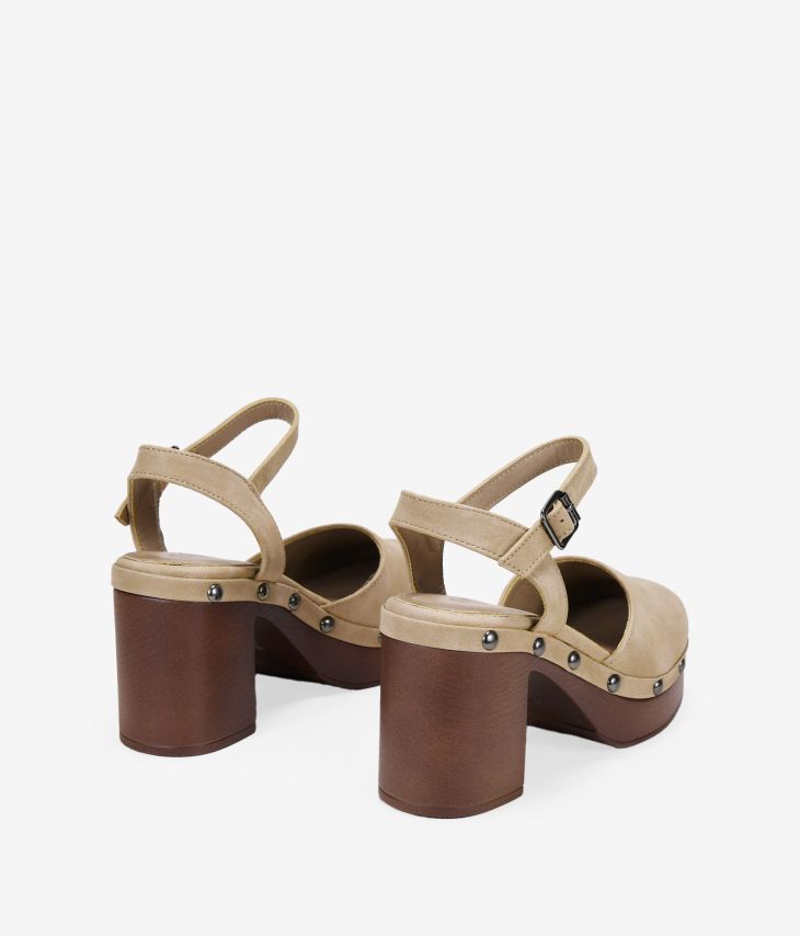 Beige clogs with wooden heels