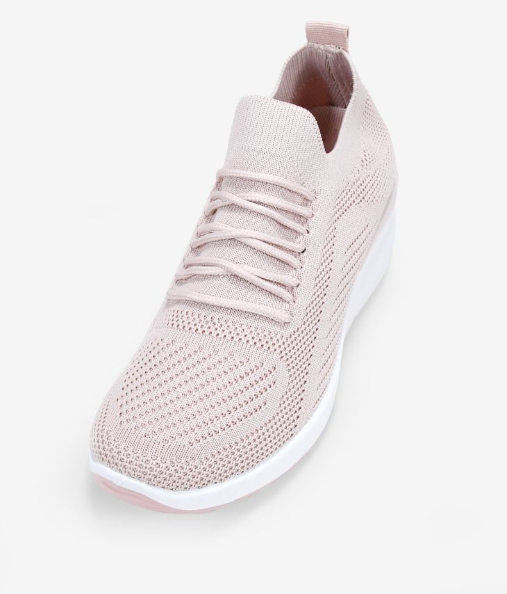 Pink fabric sneakers with wedge and laces
