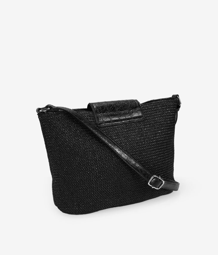 Black raffia shoulder bag with flap