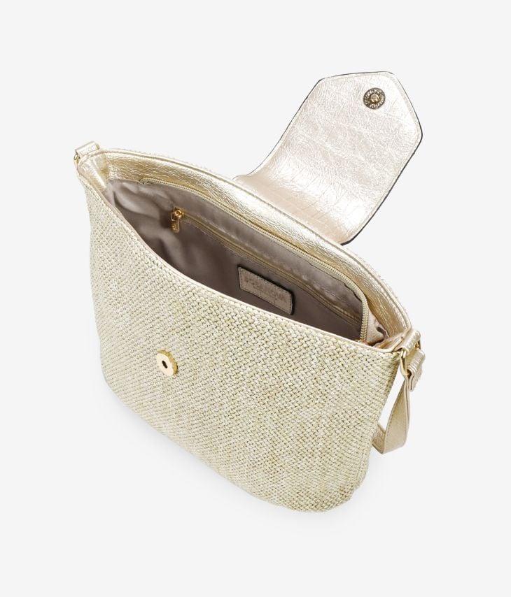 Golden raffia shoulder bag with flap
