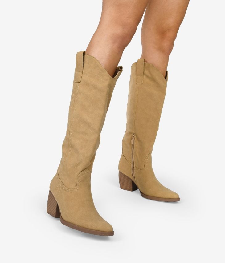 Sand cowboy boots with high shaft