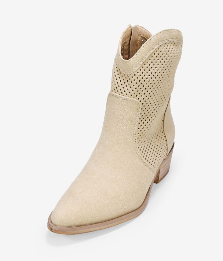 Beige cowboy ankle boots with openwork