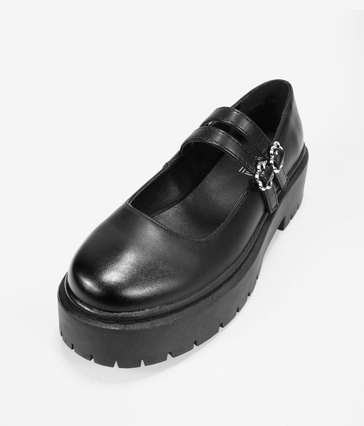 Schwarze Schuhe mit Doppelriemen und Plateau