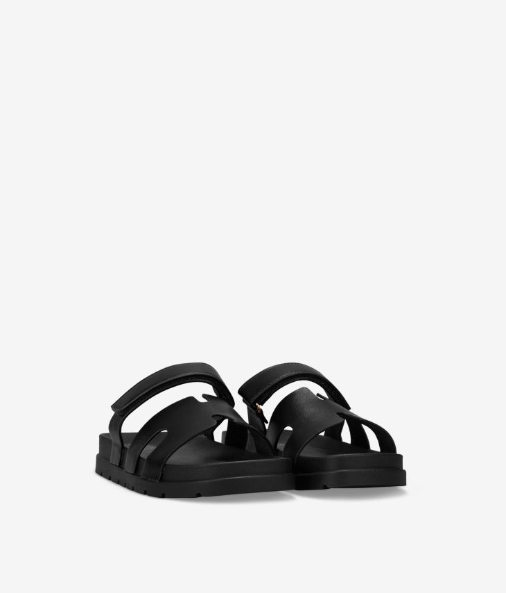 Schwarze flache Slingback-Sandalen mit Klettverschluss