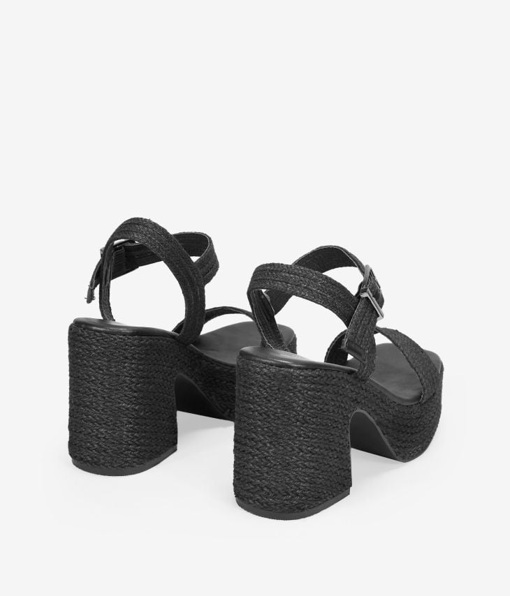 Schwarze Bast-Sandalen mit Absatz