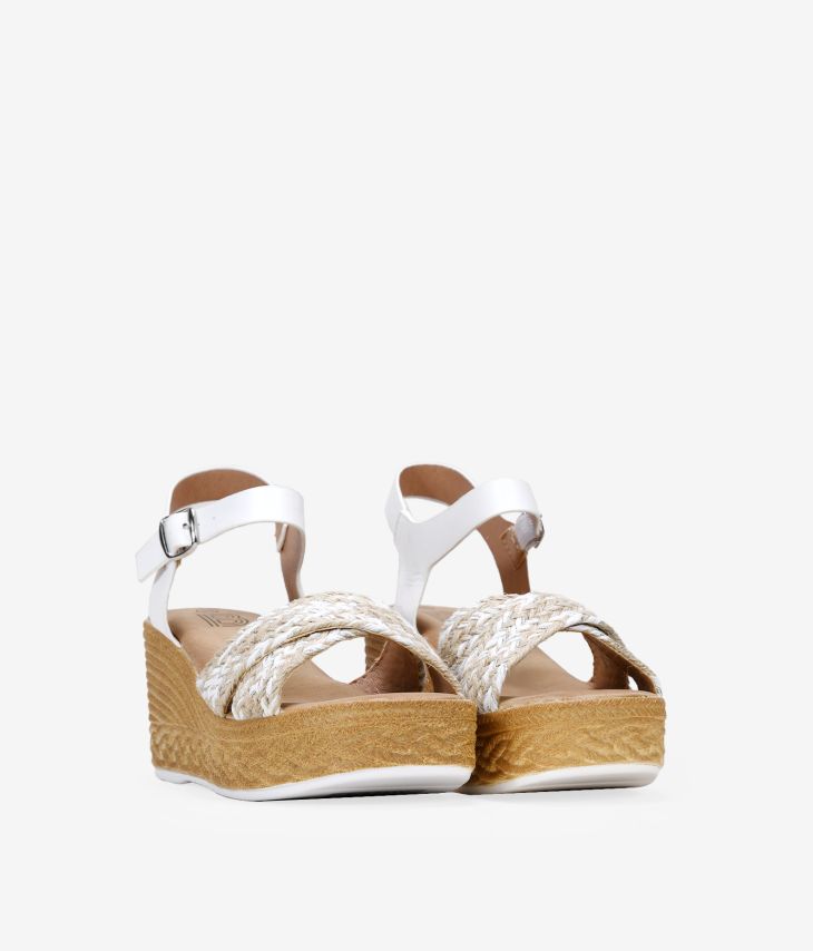 White sandals with esparto effect wedge