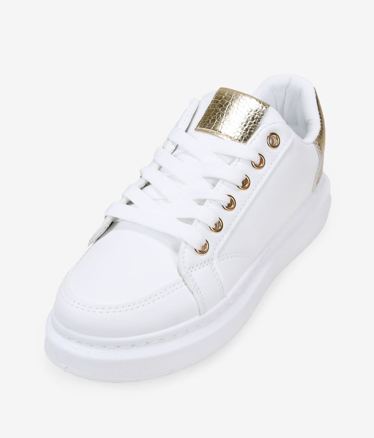 White and gold women's sneakers with platform